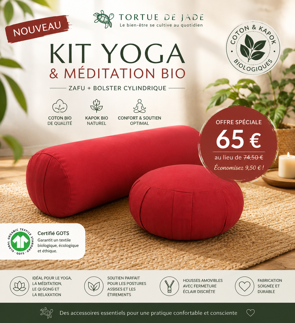 Kit Yoga & Méditation Bio Premium  Zafu 40x18cm + Bolster  69x20cm en coton biologique et kapok naturel