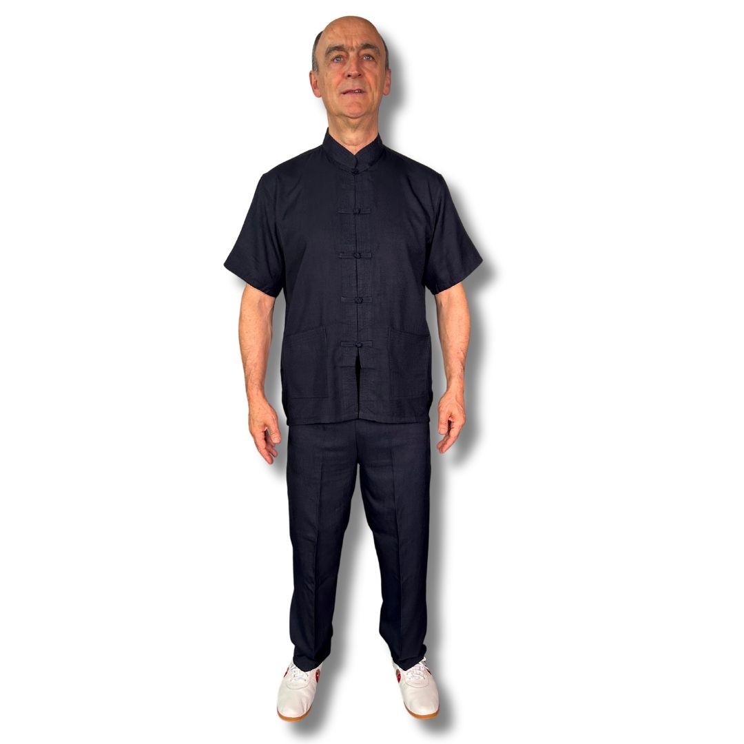 Kimono mixte en lin manches courtes Taichi Qi gong bleu marine