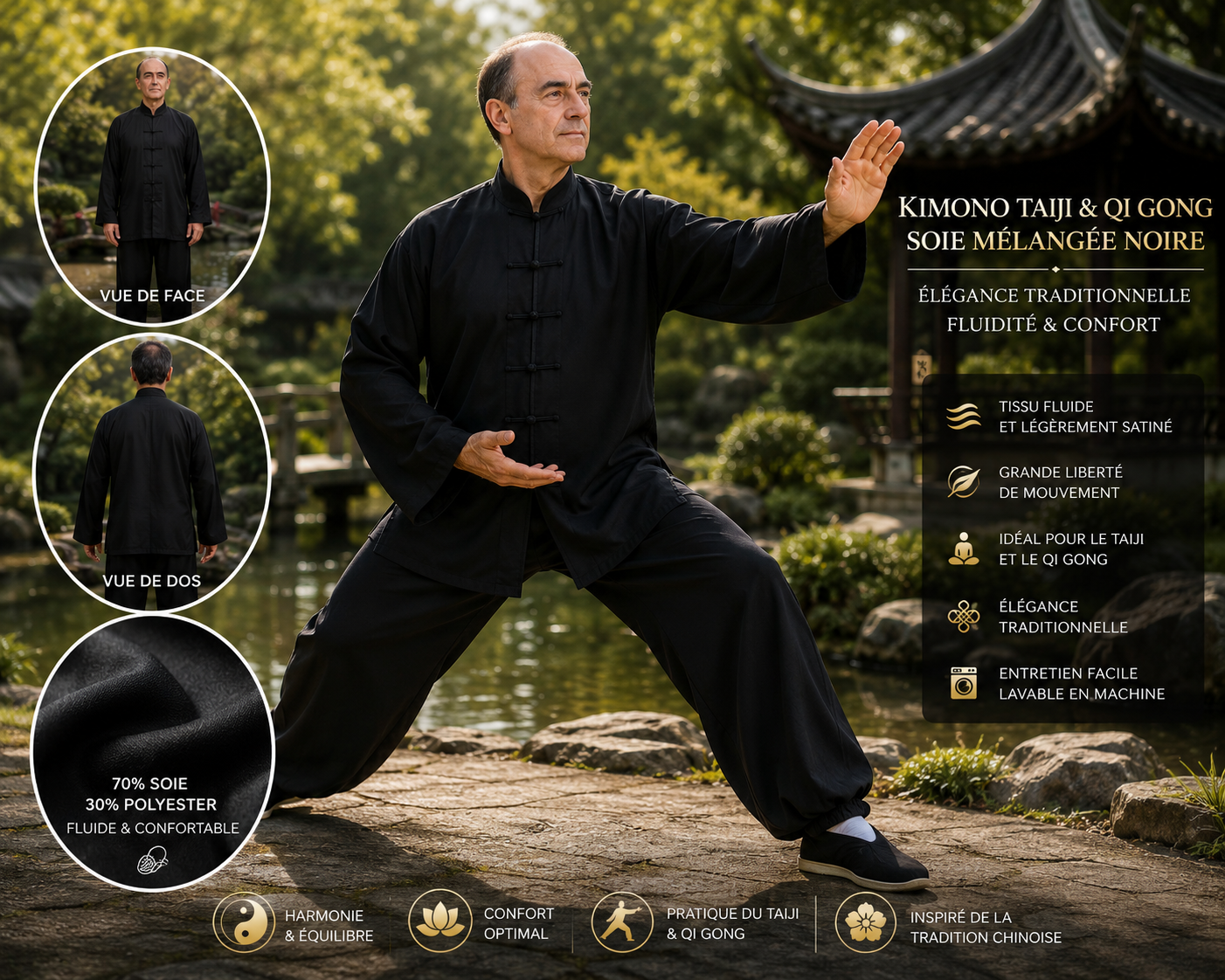 Kimono Taiji & Qi Gong noir en soie mélangée – Élégance et fluidité