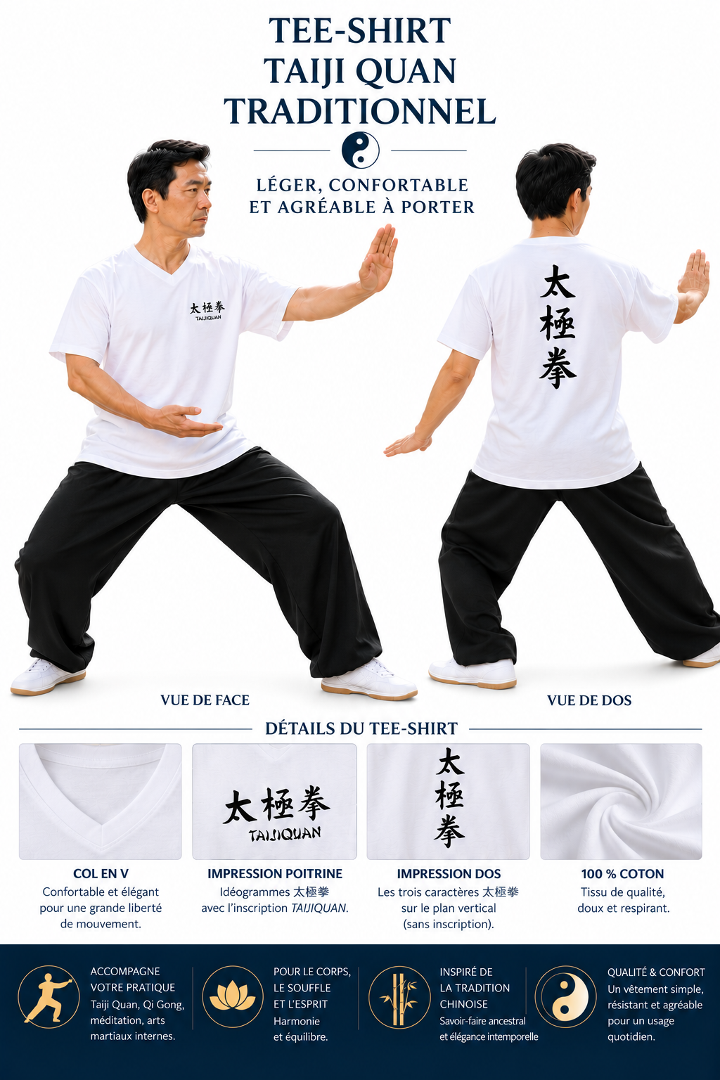 Tee-shirt Taiji Quan traditionnel – 100 % coton certifié Oeko-Tex