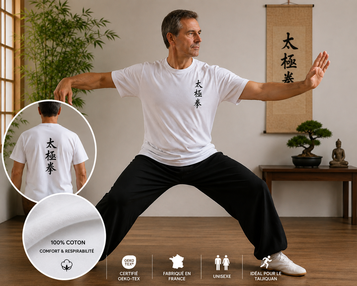 Tee-shirt Taiji Quan traditionnel – 100 % coton certifié Oeko-Tex