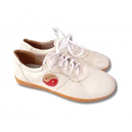 Chaussures de Taichi en cuir yin-yang blanches