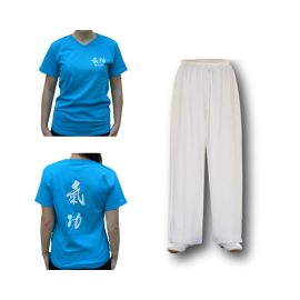 Set pantalon blanc + tee-shirt Qi gong bleu azur